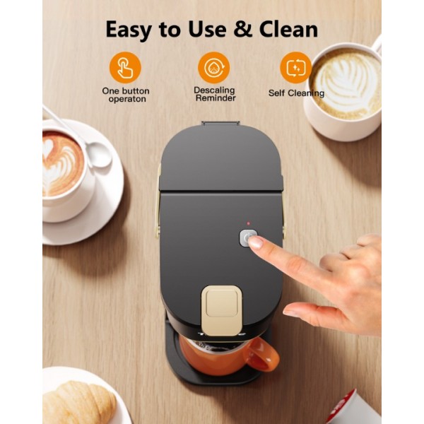 Tastyle Single Serve One Cup Coffee Maker, for K Cups and Grounds, Mini Coffee Maker with Portable Handle, 6 to 12 Oz Brew Size, for Travel, Camping, Office, RV and Dorm, 120V, Black and Gold
