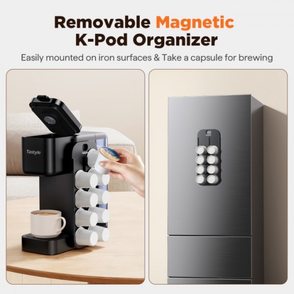 Tastyle Hot & Iced Coffee Maker with Magnetic K-Pod Organizer (Pods Not Included), Stores 10 Pods, 4-5 Cups Coffee Maker & Single-serve Brewer for K Cup & Grounds, 40oz Removable Water Tank, Black