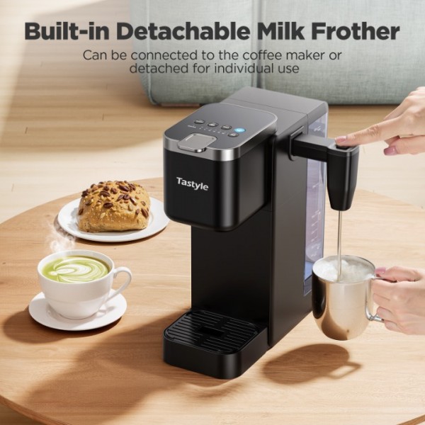 Tastyle Single Serve Coffee Maker with Detachable Milk Frother, Iced and Hot Coffee Machine for K Cup & Grounds, 40oz Removable Water Reservoir, 6 Brew Sizes, Fits 7.3" Travel Mug, Black