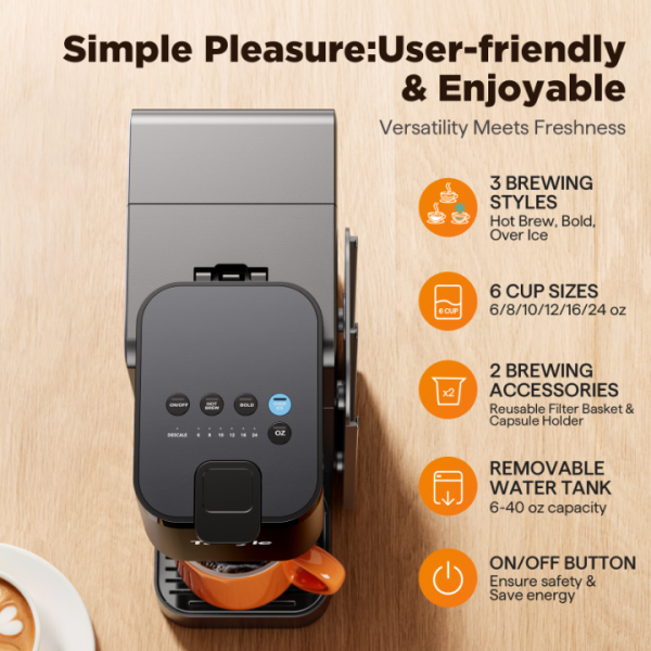 Tastyle Hot & Iced Coffee Maker with Magnetic K-Pod Organizer (Pods Not Included), Stores 10 Pods, 4-5 Cups Coffee Maker & Single-serve Brewer for K Cup & Grounds, 40oz Removable Water Tank, Black
