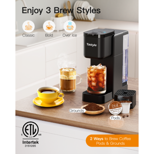 Tastyle Single Serve Hot & Iced Coffee Maker with Strong Brew, 40oz Removable Reservoir, 6 Brew Sizes, Compatible with K Cup and Grounds, Compact for Home, Office, RV and Dorm, Black (2.0 Version)