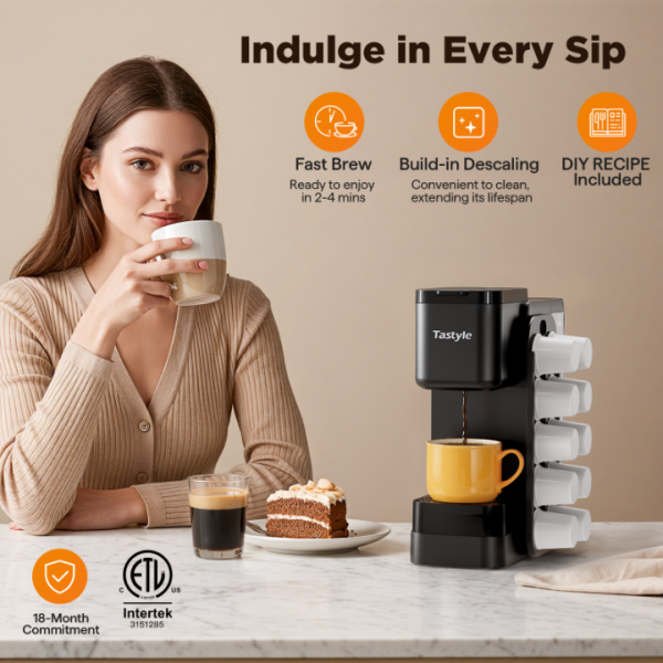 Tastyle Hot & Iced Coffee Maker with Magnetic K-Pod Organizer (Pods Not Included), Stores 10 Pods, 4-5 Cups Coffee Maker & Single-serve Brewer for K Cup & Grounds, 40oz Removable Water Tank, Black
