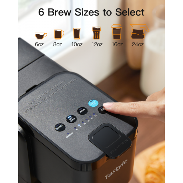 Tastyle Single Serve Hot & Iced Coffee Maker with Strong Brew, 40oz Removable Reservoir, 6 Brew Sizes, Compatible with K Cup and Grounds, Compact for Home, Office, RV and Dorm, Black (2.0 Version)