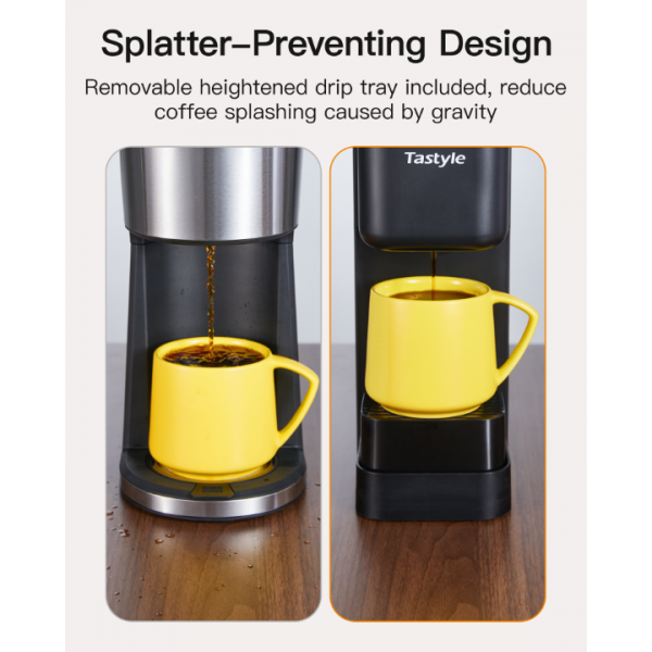 Tastyle Single Serve Hot & Iced Coffee Maker with Strong Brew, 40oz Removable Reservoir, 6 Brew Sizes, Compatible with K Cup and Grounds, Compact for Home, Office, RV and Dorm, Black (2.0 Version)