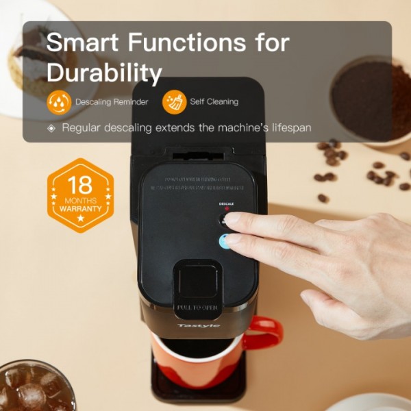 Tastyle Mini Hot and Iced Coffee Maker Single Serve, for K Cup and Ground, 6 to 14 Oz Brew Sizes, with Recipe Book, for Home, Travel, RV, Office and Dorm, Classic Black 